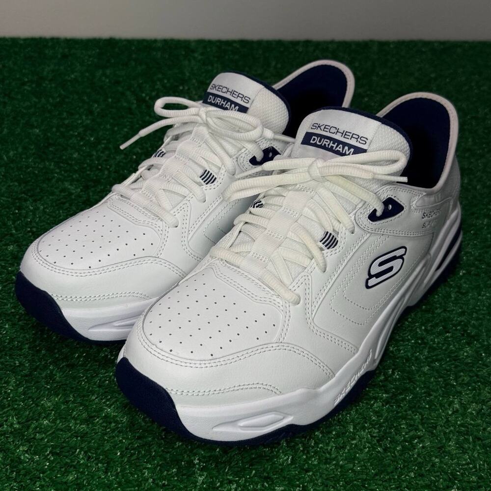 Skechers Durham Hands Free Slip-Ins Men’s 12 Extra Wide White Navy Comfort